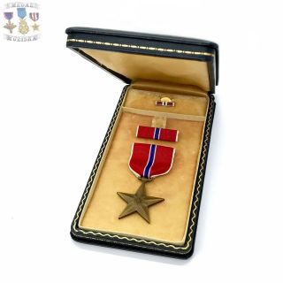 Wwii Us Bronze Star Medal Slot Brooch Ribbon Bar Lapel Pin Leatherette Case Ww2