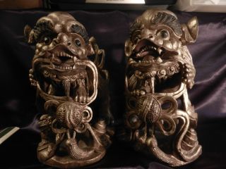 2 Matching Qing Dynasty Hand Carved Wooden Foo Dogs - Male And Female.