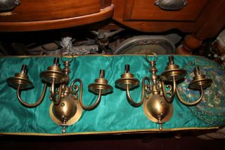 Antique Georgian Style 3 Arm Wall Mounted Sconce Light Fixture - Gold Color - Pair