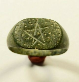Magic Rare Ancient Roman Bronze Ring With Pentagram On Bezel - Wearable