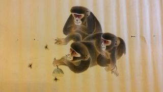 Large Fine Antique Chinese Scroll Painting - Monkeys & Bees Insects