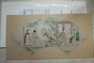 19 C Antique Chinese Fan Painting On Paper Visitor To The Garden Qing Dynasty