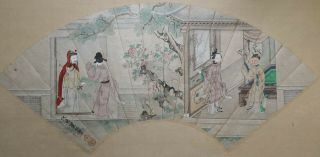 19 C Antique Chinese Fan Painting on Paper Visitor to the Garden Qing Dynasty 2