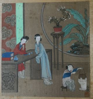 19 C Antique Chinese Silk Painting Tea Party Qing Dynasty