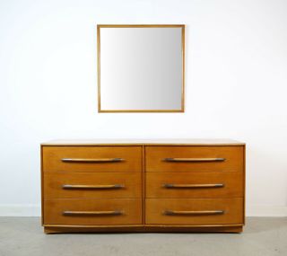 Robsjohn Gibbings Walnut And Brass 6 Drawer Dresser And Mirror