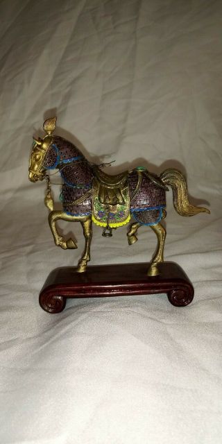 Chinese Sterling Silver Cloisonne Enamel Horse Figurine W/ Stones