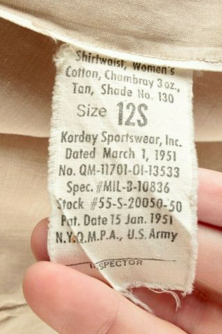 VTG Women ' s Korean War U.  S.  Army Chambray Shirt ' 51 Sz 12 S/M 2631 1950s WAAC 11