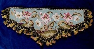 19thc Victorian Hand Worked Tapestry Shelf Front / Pelmet With Tassel Fringe