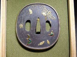 RARE Cloisonne Inlay TSUBA Dragonfly & Spider 19thC Japanese Edo Antique 2