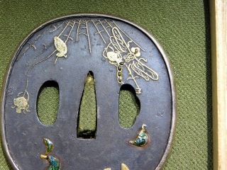 RARE Cloisonne Inlay TSUBA Dragonfly & Spider 19thC Japanese Edo Antique 5