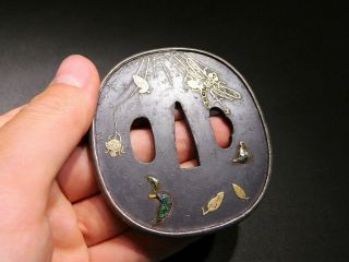 RARE Cloisonne Inlay TSUBA Dragonfly & Spider 19thC Japanese Edo Antique 9