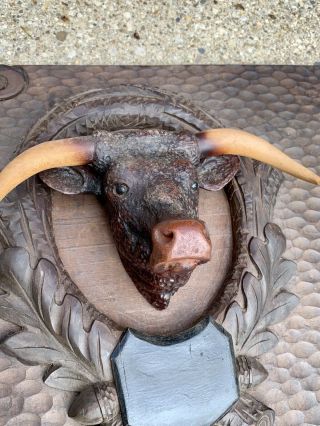 Fabulous Antique Black Forest Carved Wood Panel With Steer & Cow Head Mounts 10