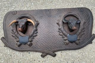 Fabulous Antique Black Forest Carved Wood Panel With Steer & Cow Head Mounts