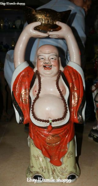 27 " Wucai Porcelain Gilt Stand Happy Laugh Maitreya Buddha Yuanbao Money Statue