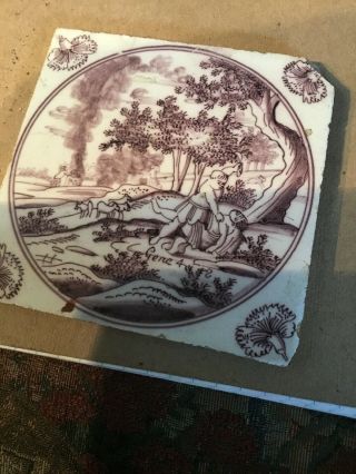English 1700’s Delft Purple Tile Gen 4 Verse 8 Cain Slaying Brother Abel