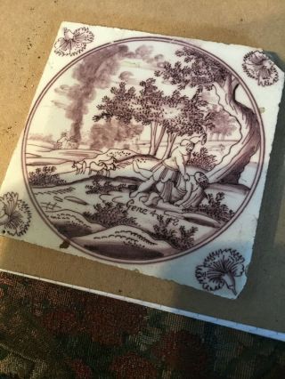 English 1700’s Delft Purple Tile Gen 4 Verse 8 Cain Slaying Brother Abel 3
