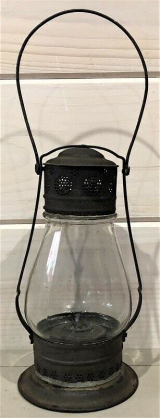 Antique 19th C.  American Punched Tin Toleware Whale Oil Double Wick Lantern Lamp