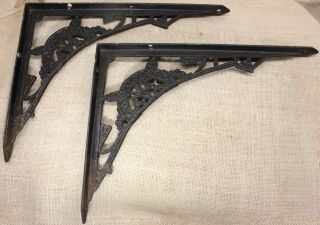 2 Old Shelf Support Brackets 9 X 12” Eastlake Flower Rustic Cast Iron Vintage