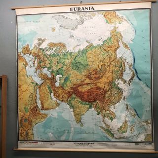 Vintage Rare Large Wall School Map Eurasia Printed In W Germany India Saigon