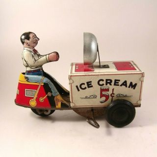 Vintage Walt Reach Courtland Ice Cream Tin Wind - Up Toy Scooter Us Made