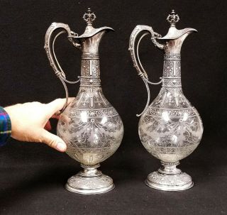 Pair Fine Antique.  800 Silver & Acid Etched Glass Claret Jugs Ewer Decanters