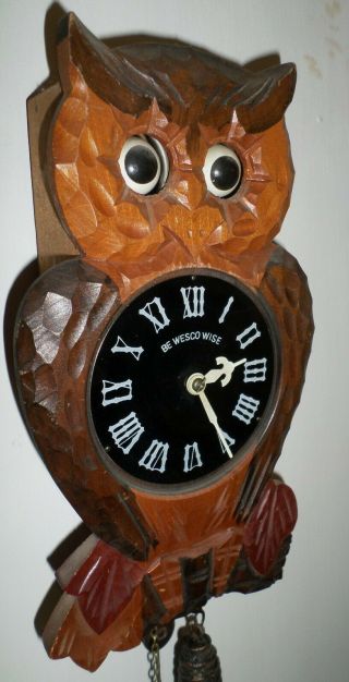 LARGE RARE MOVING EYES HAND CARVED WOOD OWL WEIGHT DRIVEN WALL CLOCK 2