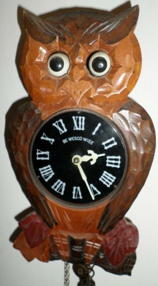 LARGE RARE MOVING EYES HAND CARVED WOOD OWL WEIGHT DRIVEN WALL CLOCK 5