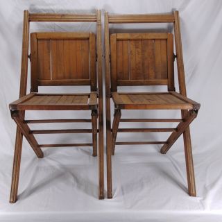 2 Vintage Wooden Folding Chairs Wood Slat Seats Pair Antique