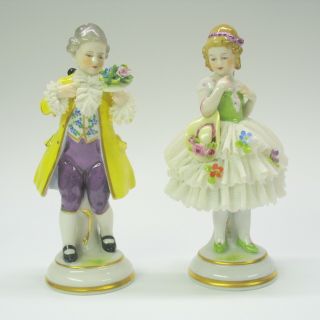 Antique German Porcelain Dresden Lace Figures Boy And Girl 5 1/2 "
