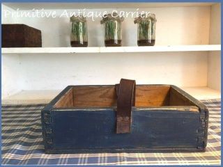 Primitive Wood Tool Box Caddy Blue Paint Carrier Rustic Farmhouse Antique Tote