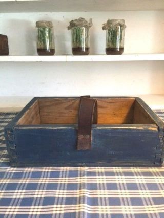 Primitive Wood Tool Box Caddy Blue Paint Carrier Rustic Farmhouse Antique Tote 2