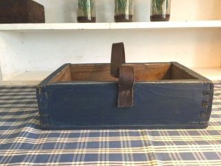 Primitive Wood Tool Box Caddy Blue Paint Carrier Rustic Farmhouse Antique Tote 5