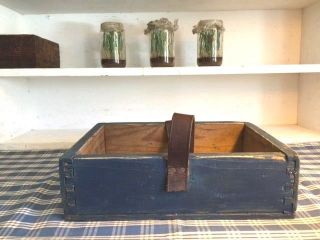 Primitive Wood Tool Box Caddy Blue Paint Carrier Rustic Farmhouse Antique Tote 6