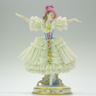 Antique Larger Porcelain Elaborate Dresden Lace Figure Lady With Hat