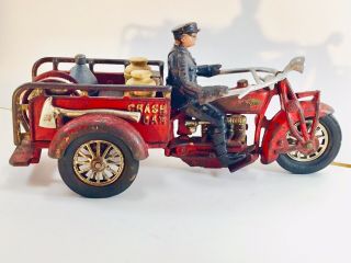 1920’s Cast Iron Hubley Police Indian Crash Car 4 Cylinder Motorcycle