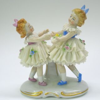 Double Figure Antique German Porcelain Dresden Lace Girls Sisters Dancing