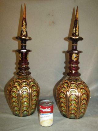 Pair Huge Old Bohemian Decorated 23 " Cut Glass Decanters - Moser Type