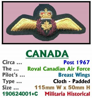 Wings Badge • Canada • Rcaf • Qualified Pilot • Yellow Ml • 1967,  • 190613001•d