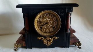 Vintage Antique Ornate Wood Mantle Clock With Key.