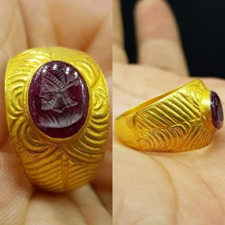 High Carat Gold 22k Ring Ancient Sassanian King Ruby Stone Seal Intaglio 25