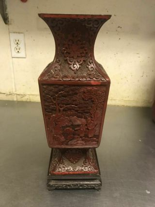 19c Chinese Bronze Carved Lacquer Cinnabar Vase