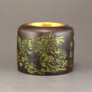 Chinese Chenxiang Wood Thumb Ring With Gold Ornaments