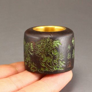 Chinese Chenxiang Wood Thumb Ring With Gold Ornaments 7