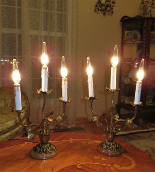 2 Ea Vtg French Cast Brass Marble Lamps Candelabras Crystal Chandeliers Fixtures