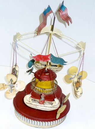 MULLER AND KADEDER WIND UP TIN HAND=PAINTED CAROUSEL 1900 - 1912 GERMANY 7