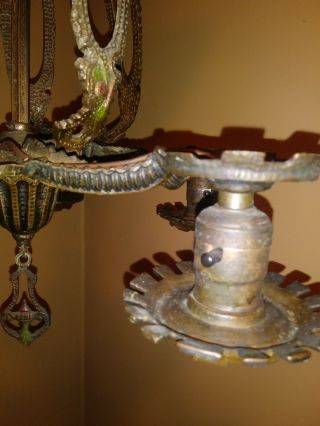 Antique 5 Arm Chandelier Brass Polychrome Gothic Coat of Arms 1920s 3