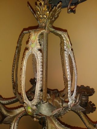 Antique 5 Arm Chandelier Brass Polychrome Gothic Coat of Arms 1920s 5