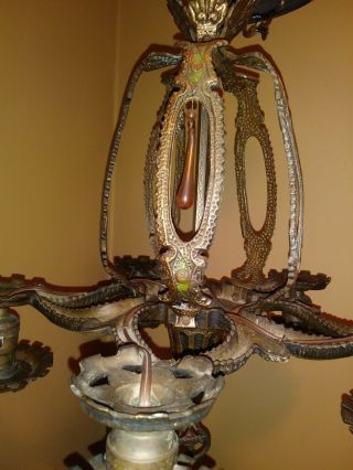 Antique 5 Arm Chandelier Brass Polychrome Gothic Coat of Arms 1920s 7