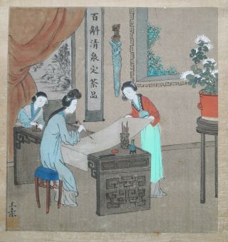 19 C Antique Chinese Silk Painting - Three Girls Painting A Scroll