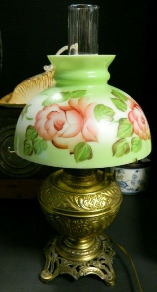 Vintage Bradley & Hubbard Converted Oil Lamp Hand Painted Shade All Exc